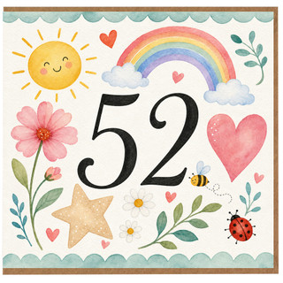 52nd Birthday Card, Watercolour Rainbow and Floral Design