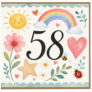 58th Birthday Card, Watercolour Rainbow Sun and Flowers Age 58 Greeting Card