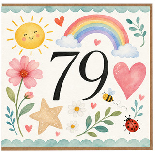 79th Birthday Card, Watercolour Rainbow Sun and Flowers Design