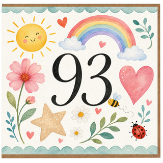 93rd Birthday Card, Cute Watercolour Rainbow and Flowers Design