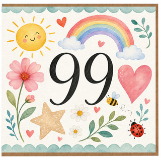99th Birthday Card, Watercolour Floral Rainbow and Heart Design