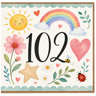 102nd Birthday Card, Watercolour Rainbow Sun and Flowers Design