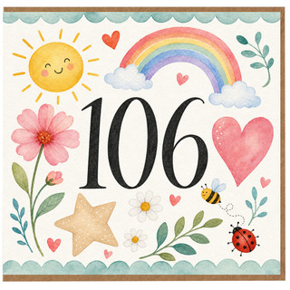 106th Birthday Card, Cute Watercolour Sun Rainbow Flowers and Hearts