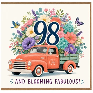 98th Birthday Card, Blooming Fabulous Floral Vintage Truck Card