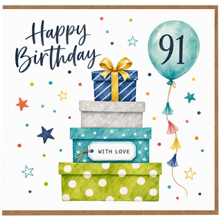 91st Birthday Card, Happy Birthday Card with Gifts and Balloon