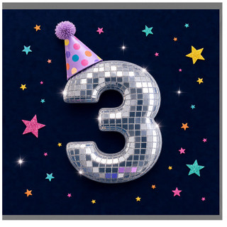 3rd Birthday Card, Mirrored Number 3 Party Hat Star Design