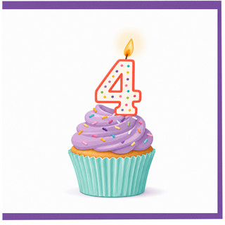 4th Birthday Card, Cute Cupcake Candle Design