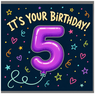 5th Birthday Card, Colourful Kids Birthday Card with Number 5 Balloon