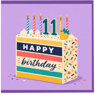 11th Birthday Card, Happy Birthday Cake Design Card