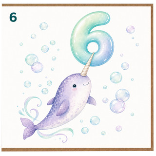 6th Birthday Card, Cute Narwhal Number 6 Card