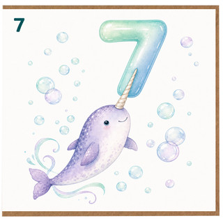 7th Birthday Card, Cute Narwhal Card