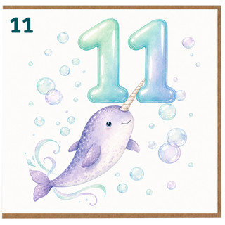 11th Birthday Card, Cute Narwhal Number 11 Card