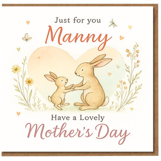 Mother's Day Card for Mum - Cute Rabbits with Heart and Wildflowers - 'Just for you Manny, Have a Lovely Mother's Day' - From Child
