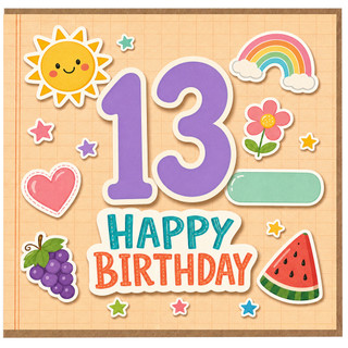 13th Birthday Card, Cute Colourful Happy Birthday Card with Sun, Rainbow and Fun Fruit Design