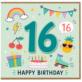 16th Birthday Card, Colourful Teen Birthday Card with Rainbow, Cake and Fun Party Icons