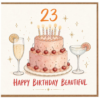 23rd Birthday Card, for Her - Happy Birthday Beautiful Cake and Champagne Design
