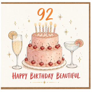 92nd Birthday Card, Happy Birthday Beautiful Cake and Cocktail Design