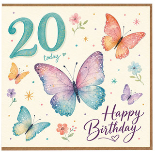 20th Birthday Card, Butterfly Happy Birthday Card for 20 Today