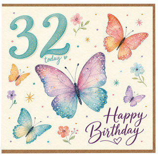 32nd Birthday Card, Butterfly and Floral Happy Birthday Card