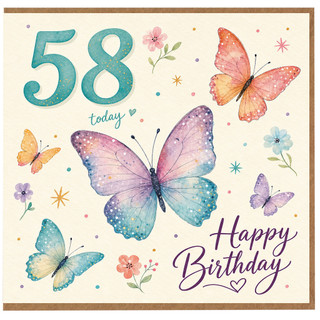 58th Birthday Card, Butterfly Design Happy Birthday Card