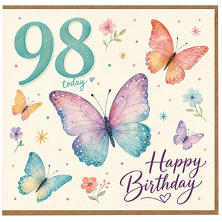98th Birthday Card, Happy Birthday Butterfly and Floral Design