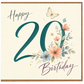 20th Birthday Card, Floral Happy 20th Birthday Card with Butterfly Design