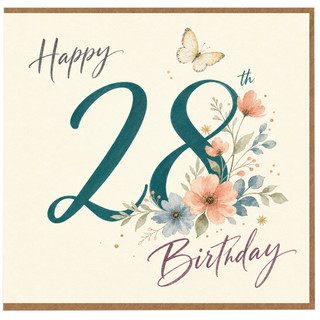 28th Birthday Card, Happy 28th Birthday Floral Butterfly Card