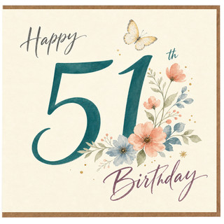 51st Birthday Card, Elegant Floral Butterfly Birthday Card