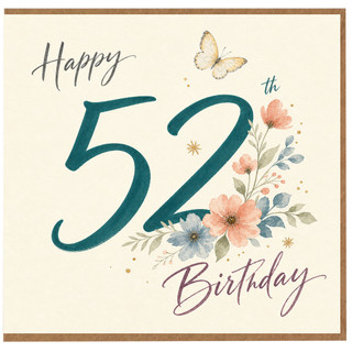 52nd Birthday Card, Happy Birthday Floral Butterfly Card