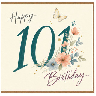 101st Birthday Card, Floral Butterfly Happy Birthday Card