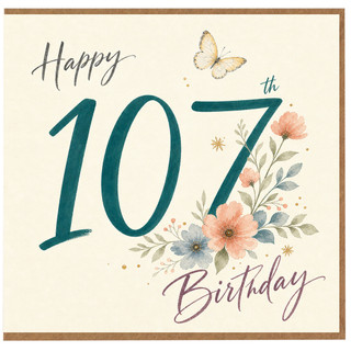 107th Birthday Card, Happy 107th Birthday Floral Butterfly Card