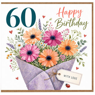 60th Birthday Card, Happy Birthday Floral Bouquet Card