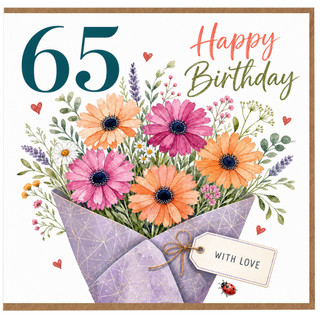 65th Birthday Card, Happy 65th Birthday Floral Bouquet Card, With Love