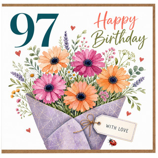 97th Birthday Card, Happy Birthday Floral Bouquet Card With Love