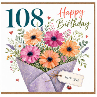 108th Birthday Card, Happy Birthday Floral Bouquet Card, With Love
