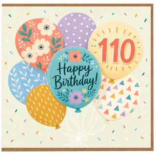 110th Birthday Card, Colourful Floral Balloon Happy Birthday Card