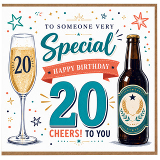 20th Birthday Card, Special Cheers To You Beer Bottle and Champagne Glass Design