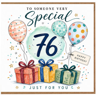 76th Birthday Card, Happy Birthday Card With Balloons and Gifts