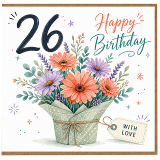 26th Birthday Card, Happy Birthday Floral Bouquet Card With Love