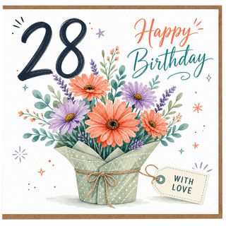 28th Birthday Card, Floral Bouquet Happy Birthday Card With Love