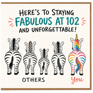 102nd Birthday Card, Here’s to Staying Fabulous at 102 Funny Zebra Card