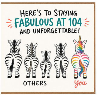 104th Birthday Card, Fabulous at 104 Unicorn Zebra Card