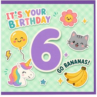 6th Birthday Card, Cute Go Bananas Unicorn and Animal Birthday Card