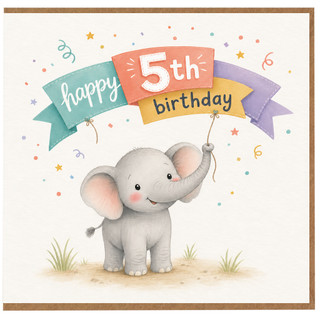 5th Birthday Card, Cute Elephant Happy 5th Birthday Card