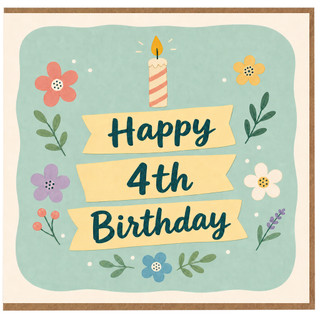 4th Birthday Card, Happy 4th Birthday Card with Floral Candle Design