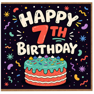7th Birthday Card, Happy 7th Birthday Card with Cake Design