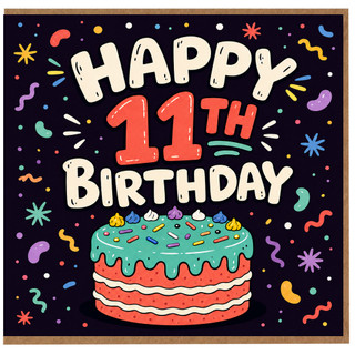 11th Birthday Card, Happy 11th Birthday Card with Cake Design