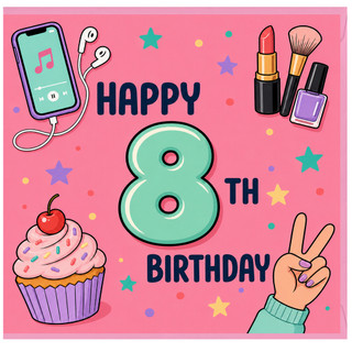 8th Birthday Card, Happy 8th Birthday with Music, Makeup and Cupcake Design