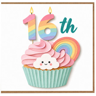 16th Birthday Card, Cute Cupcake and Rainbow Design