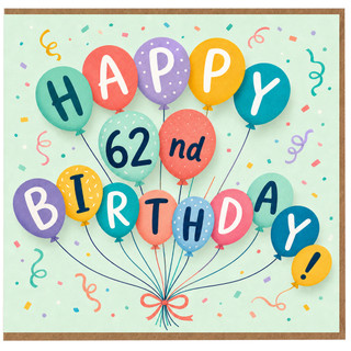 62nd Birthday Card, Happy Birthday Balloon Design